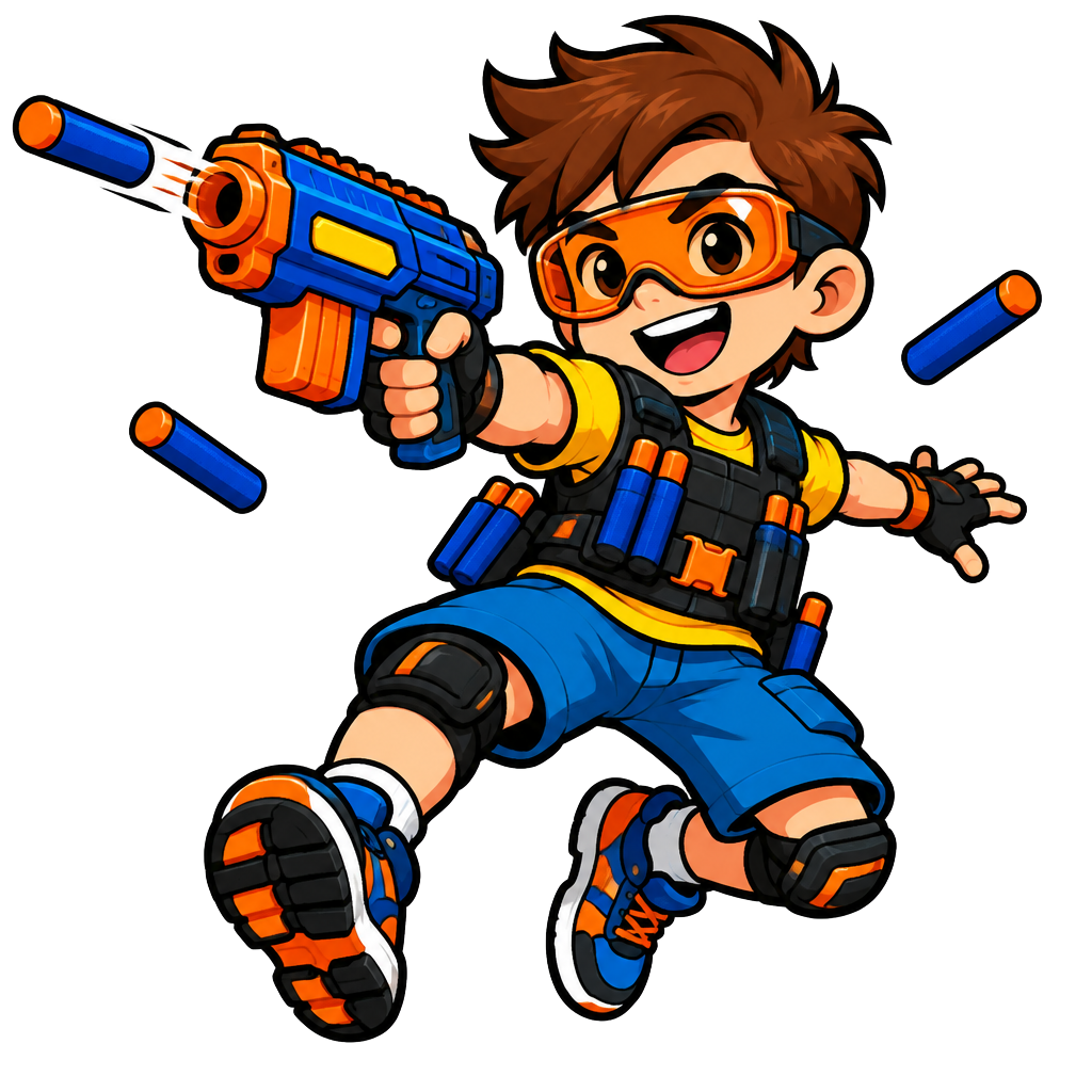 Cartoon Nerf kid in goggles with a foam blaster